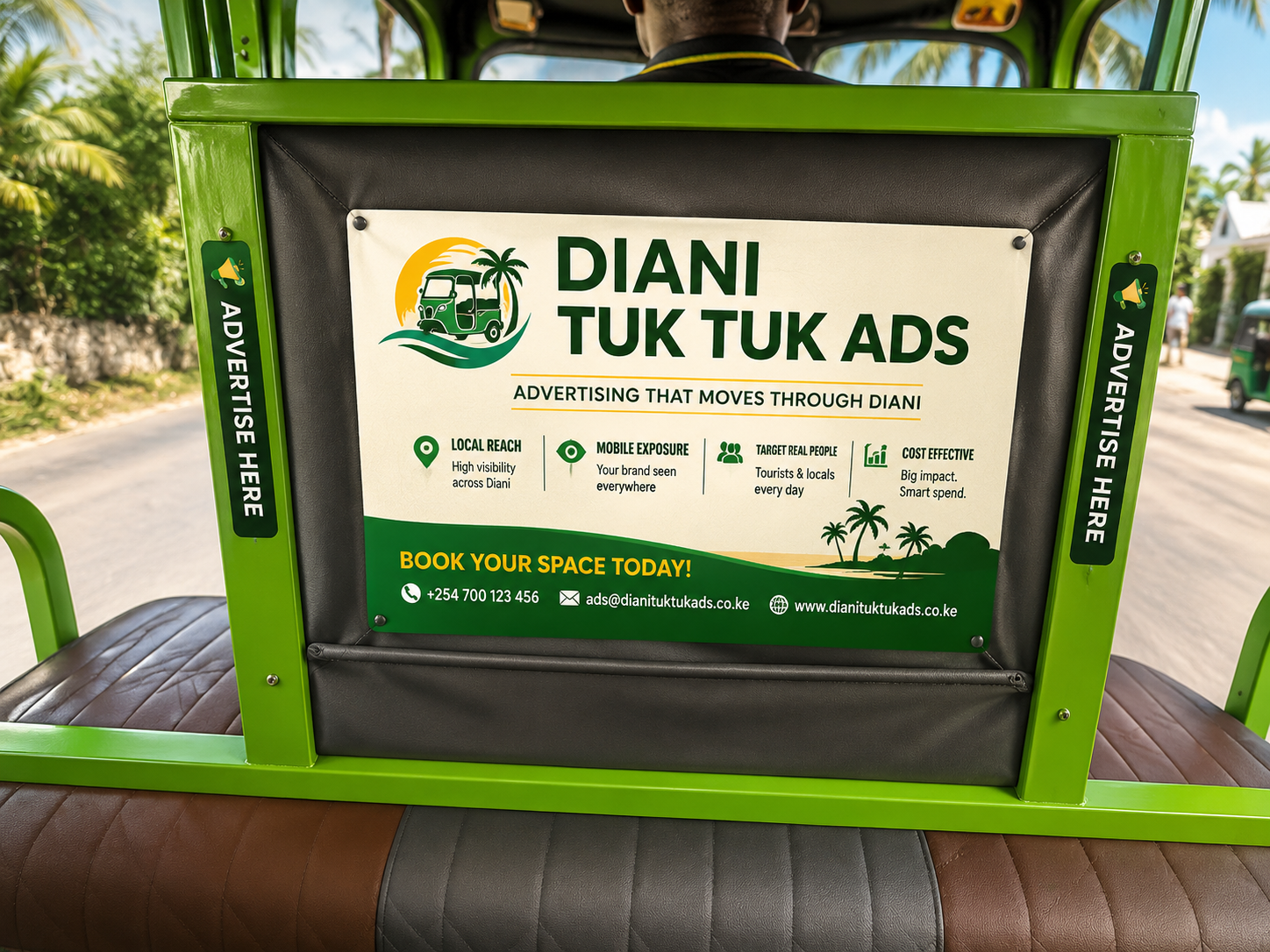 Diani Tuk Tuk Ads panel mounted on a tuk-tuk seat back